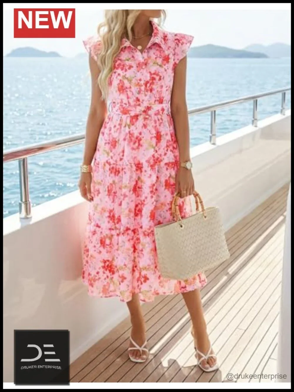 Floral Flutter Short Sleeve Chiffon Midi Dress with Belt